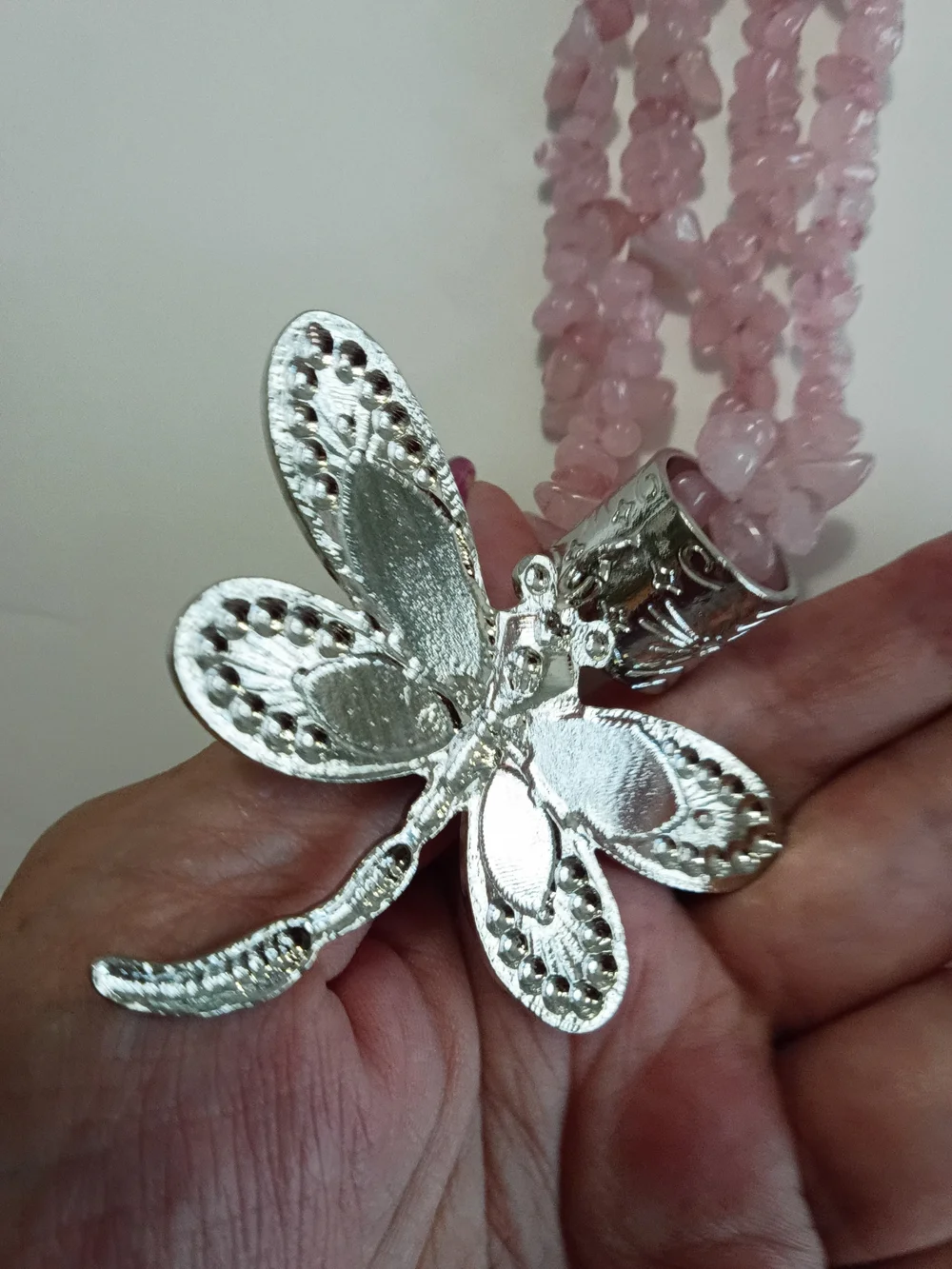 Rose Quartz Silver Dragonfly Pendant Necklace Multi Strand Gorgeous